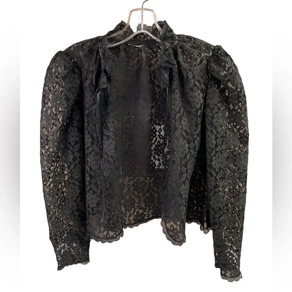 Lace Black Floral Open Front Ruffled Neckline Cardigan Jacket Ribbon Closure